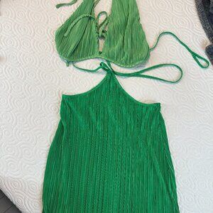 Micas Green Pleated Co-ord Skirt & Halter Top Set – Size M